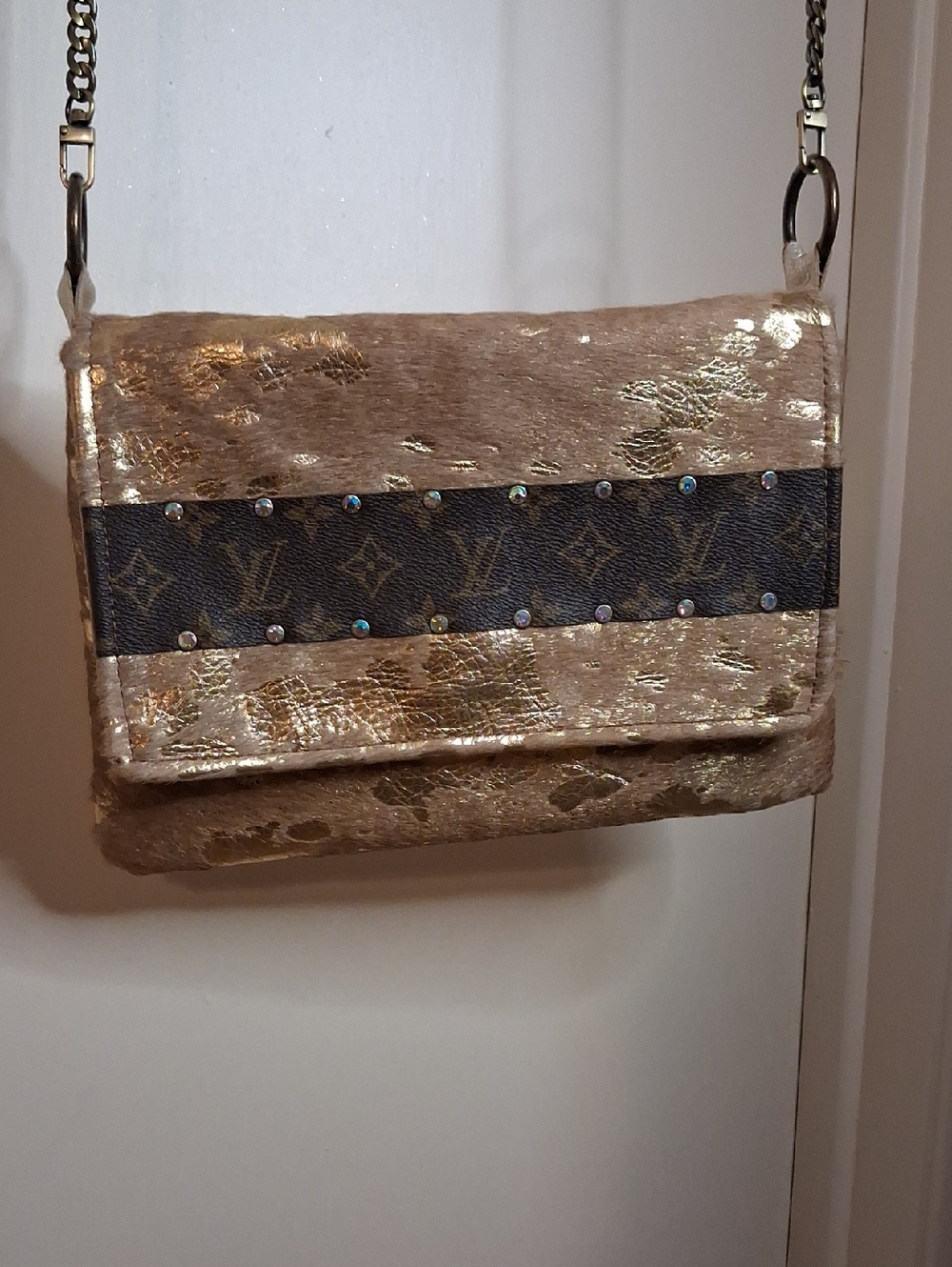 Gold Metallic and Brown Monogram Accent Crossbody Bag